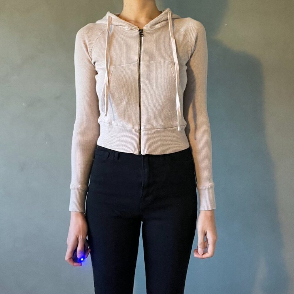 Enza Costa Cropped & Fitted Cashmere Blend Waffle Zip Hoodie - XS